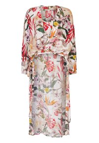 Květinové kimono šaty z lehkého materiálu s červenými, růžovými a zelenými květinovými vzory. Otevřený přední díl s vázáním v pase a rukávy ke třičtvrtinám.