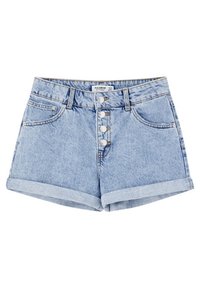 Lichtblauwe denimshorts met een hoge taille, sluiting met vijf knopen aan de voorkant, opgerolde zomen en twee voorzakken. Heeft een vervaagde textuur.