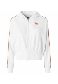 Sudadera corta blanca con cremallera completa, con tiras laterales naranjas y logo de Kappa. Fabricada en material suave, con puños y dobladillo elásticos.