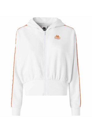 Sudadera corta blanca con cremallera completa, con tiras laterales naranjas y logo de Kappa. Fabricada en material suave, con puños y dobladillo elásticos.
