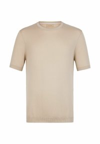 Beige bomulds t-shirt med rund halsudskæring, korte ærmer og ribbede manchetter. Glat tekstur og minimalistisk design.