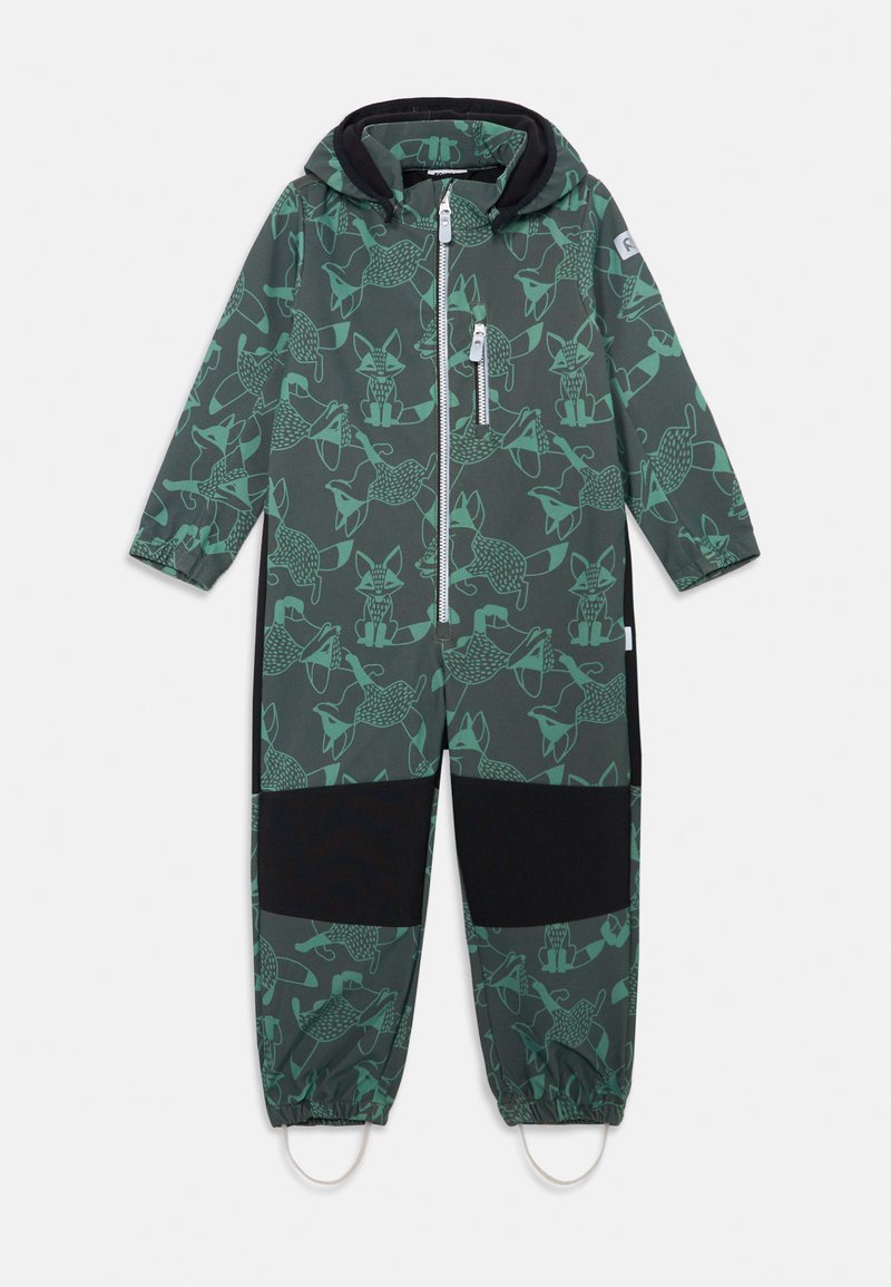 Πράσινη μοντέρνα φόρμα χιονιού με σχέδιο αλεπού, με φερμουάρ μπροστά, ελαστικούς καρπούς και αντίθετα μαύρα πάνελ στο κάτω μέρος.