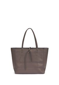 Borsa a tracolla in pelle marrone con texture, dotata di due manici e un semplice dettaglio a nodo nella parte centrale anteriore.
