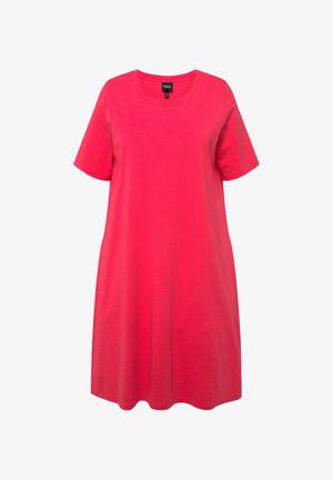 Ulla Popken A-LIJN RONDE HALS KORTE MOUWEN ZAKKEN - Vestito di maglina - hibiscus red