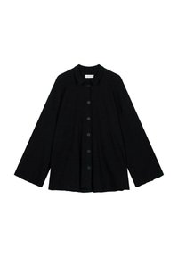Camicia nera con bottoni, realizzata in tessuto testurizzato, con colletto, maniche lunghe e orlo dritto. Sei bottoni frontali.