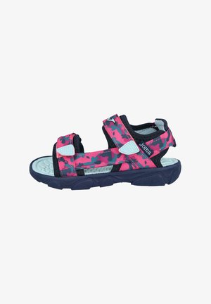 Sandalias infantiles coloridas con un patrón de camuflaje en rosa y azul marino, correas ajustables, suela de goma y plantilla texturizada para mayor agarre.