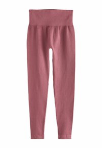 Bordázott leggings poros rózsaszín színben, széles derékrésszel és testhezálló kialakítással, amely a bokáig keskenyedik. Puha, rugalmas anyagból készült.