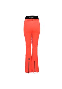 Heldere oranje skibroek met een zwart tailleband, voorzien van ritsen bij de enkel en een logopatch vlak bij de taille. Glad, waterdicht materiaal.