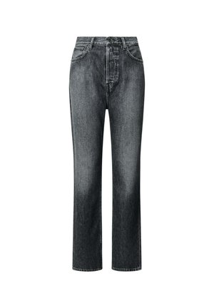 Hochtaillierte schwarze Denim-Jeans mit geradem Bein, ausgestattet mit Fronttaschen, Gürtelschlaufen und subtilem Verblassen für Struktur.
