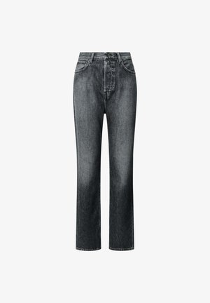 Hochtaillierte schwarze Denim-Jeans mit geradem Bein, ausgestattet mit Fronttaschen, Gürtelschlaufen und subtilem Verblassen für Struktur.