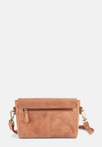 Tan leather crossbody bag with a fold-over flap, zippered pocket, and gold-tone hardware. Features a textured surface and adjustable strap.