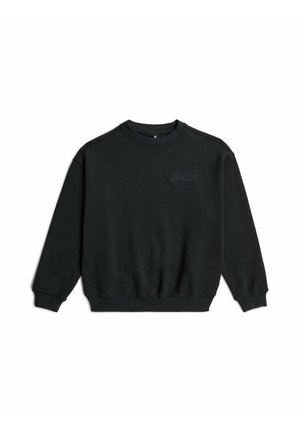 Black long-sleeve crewneck sweatshirt with ribbed cuffs and hem, featuring subtle embroidered text on the left chest.