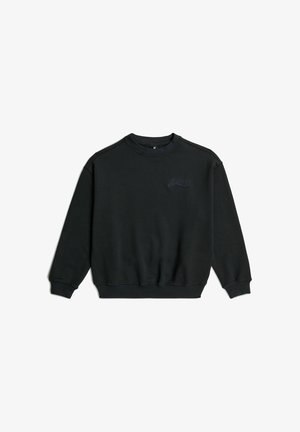 Sweat-shirt noir à manches longues col rond avec poignets et bas côtelés, comportant un texte brodé discret sur la poitrine gauche.