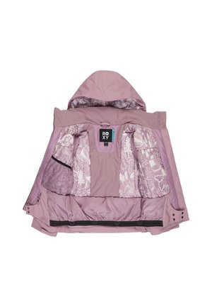 Roze geïsoleerde jas met een capuchon, voorzien van een bloemenpatroon aan de binnenkant, meerdere binnenzakken en een zwarte zoomafwerking.