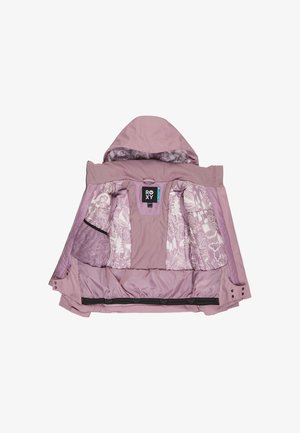 Rosa isolierte Jacke mit Kapuze, ausgestattet mit einem blumenmustergefütterten Innenfutter, mehreren Innen pockets und einem schwarzen Saumdetail.