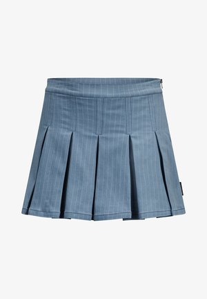 Gonna plissettata blu realizzata in tessuto con un motivo a righe sottili. Presenta una vita e una chiusura con cerniera nella parte posteriore.