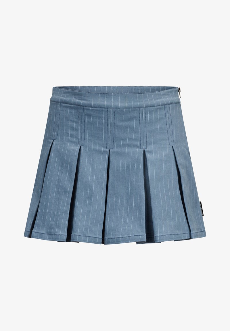 Gonna plissettata blu realizzata in tessuto con un motivo a righe sottili. Presenta una vita e una chiusura con cerniera nella parte posteriore.