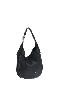 Zwarte leren hobo-tas met een getextureerde afwerking, slouchy ontwerp, ronde vorm en een goudkleurige accent op de voorkant. Inclusief verstelbare schouderband.