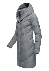 Grå pufferjakke med høj krave, der har lynlåslukning, sidelommer og diamantmønstersting for varme og stil.