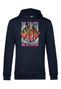 Námořnický modrý bavlněný svetr s kapucí, na kterém je barevná grafika karikaturních postaviček hrajících na nástroje, s nápisem "Dr. Teeth and the Electric Mayhem."