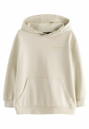 Vaaleanbeige huppari, jossa on etutasku, kiristysnauha hupussa ja ribatut hihansuut. Sisältää hillityn AllSaints-logon samassa väriä. Silkkinen koostumus.