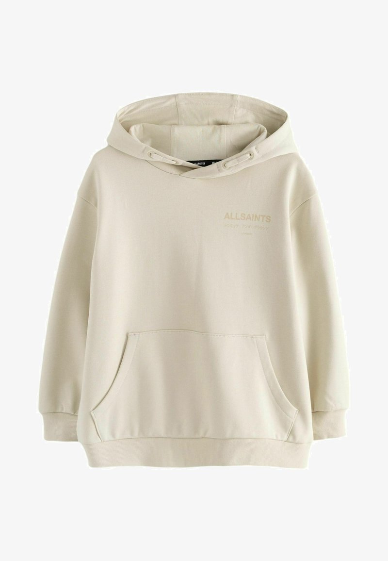 Svetložltá mikina s kapucňou, predným vreckom, šnúrkou na kapucni a ribbovanými manžetami. Obsahuje decentné logo AllSaints v rovnakej farbe. Hladká textúra.