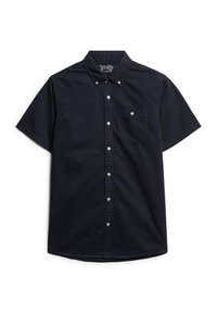 Korte mouwen, donker marineblauw button-up shirt van katoen. Heeft een borstzak en een klassieke kraag. Soepele textuur met een subtiele glans.