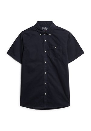 Chemise à manches courtes, bleu marine foncé, à boutons, en coton. Dotée d'une poche poitrine et d'un col classique. Texture lisse avec un éclat subtil.