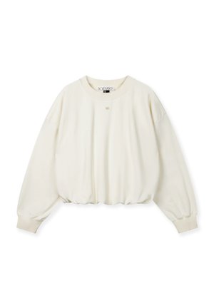 Cream-colored sweatshirt with a rounded neckline, long sleeves, and a gathered hem. Made from soft fabric with minimal detailing.