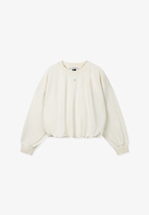 Cream-colored sweatshirt with a rounded neckline, long sleeves, and a gathered hem. Made from soft fabric with minimal detailing.