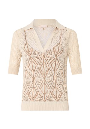 Strick-Polo-Sweater in Beige mit einem Spitzenmuster, kurzen Ärmeln und einem V-Ausschnitt. Mit strukturiertem Garn und einem gerippten Kragen.