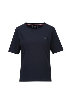 Marineblauw T-shirt met korte mouwen, een ronde hals en een klein geborduurd logo op de linkerborst.