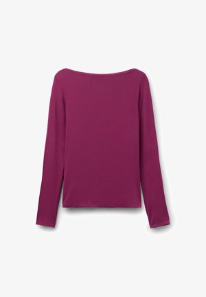 Top aderente a maniche lunghe in un ricco color porpora, realizzato in tessuto morbido con scollatura rotonda e orlo diritto, caratterizzato da cuciture minime e design elegante.