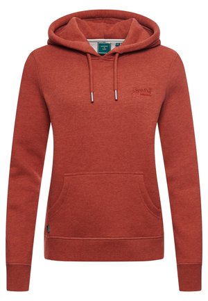 Langærmet hættetrøje i rustfarve med kængurulomme foran, justerbar snøre i hætten, ribstrikkede manchetter og et diskret brystlogo på venstre side.