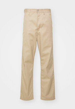 Beige cotton trousers with a straight-leg design, featuring a front button closure, belt loops, and two side pockets. Smooth texture.