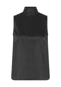Ärmelloses schwarzes Top mit hohem Kragen, aus glattem Satinmaterial gefertigt. Gerader Schnitt ohne sichtbare Verschlüsse oder Verzierungen.