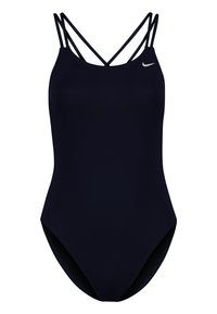 Navy blue one-piece swimsuit with thin straps featuring a crisscross design at the back. Made from smooth, stretchy fabric with a small logo.