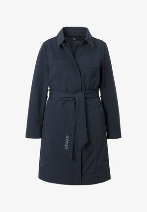 Tummansininen, polvipituinen takki vedenkestävästä kankaasta, jossa on vyötäröllä vyö, terävä kaulus ja kaksi etutaskua.