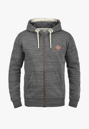 Grå zip-up hoodie med en vævet tekstur, der har et diamantlogo, kontrasterende cremede snorremme og to frontlommer.