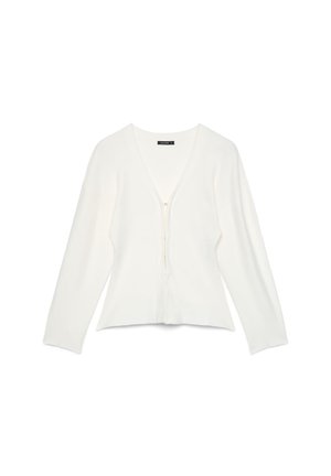 Cardigan bianco a maniche lunghe con scollo a V e bottoni sul davanti, mostrato disteso su sfondo bianco.
