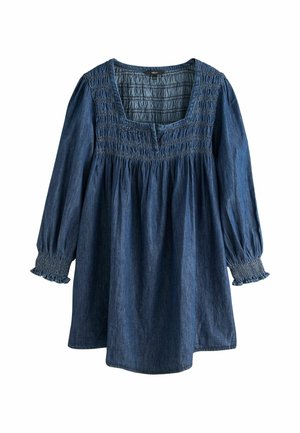 Tunic in denim con scollatura quadrata, arricciatura sul petto e maniche lunghe a sbuffo con polsini elastici. Finitura in tessuto blu scuro.
