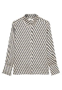 Camicia button-up realizzata in tessuto leggero, con un motivo geometrico nei colori blu navy, avorio e crema, dotata di colletto classico e maniche lunghe.