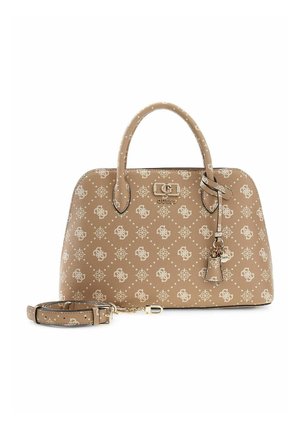 Sac à main Guess beige avec motif monogramme, double poignée, bandoulière amovible et porte-clés suspendu.