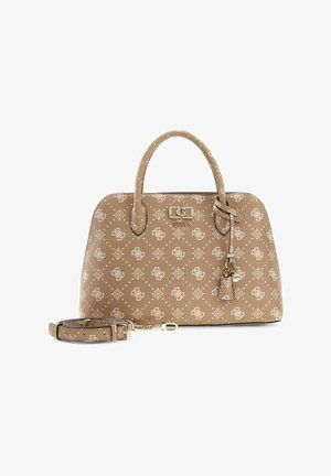 Sac à main Guess beige avec motif monogramme, double poignée, bandoulière amovible et porte-clés suspendu.