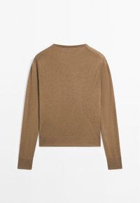 Brown knitted sweater with long sleeves, ribbed cuffs, and hem. Simple design with a smooth texture and a classic crew neckline.