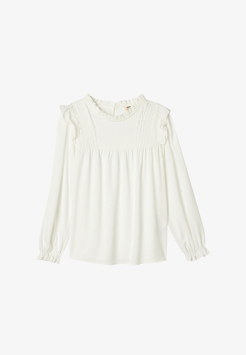 Witte blouse met lange mouwen, gerimpelde manchetjes en een gerimpelde halslijn, met verticale plooien en een losse pasvorm. Gladde stofstructuur.