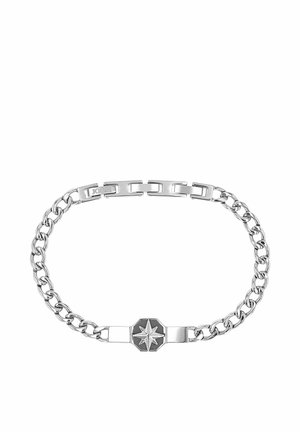 Bracciale con catena in argento con un ciondolo ottagonale nero che presenta al centro un design in rilievo di una bussola a stella con otto punte.