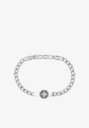 Bracciale con catena in argento con un ciondolo ottagonale nero che presenta al centro un design in rilievo di una bussola a stella con otto punte.