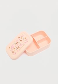 Κουτί φαγητού σε ροδακινί χρώμα με floral σχέδιο· ορθογώνιο, με εσωτερικό σε δύο διαμερίσματα και λεία υφή. Το καπάκι έχει διακοσμητικές λεπτομέρειες.