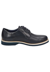 Scarpa da dress in pelle blu navy con texture perforata, punta tonda e suola in gomma bianca e blu a contrasto. Presenta cinque occhielli e cuciture sottili.